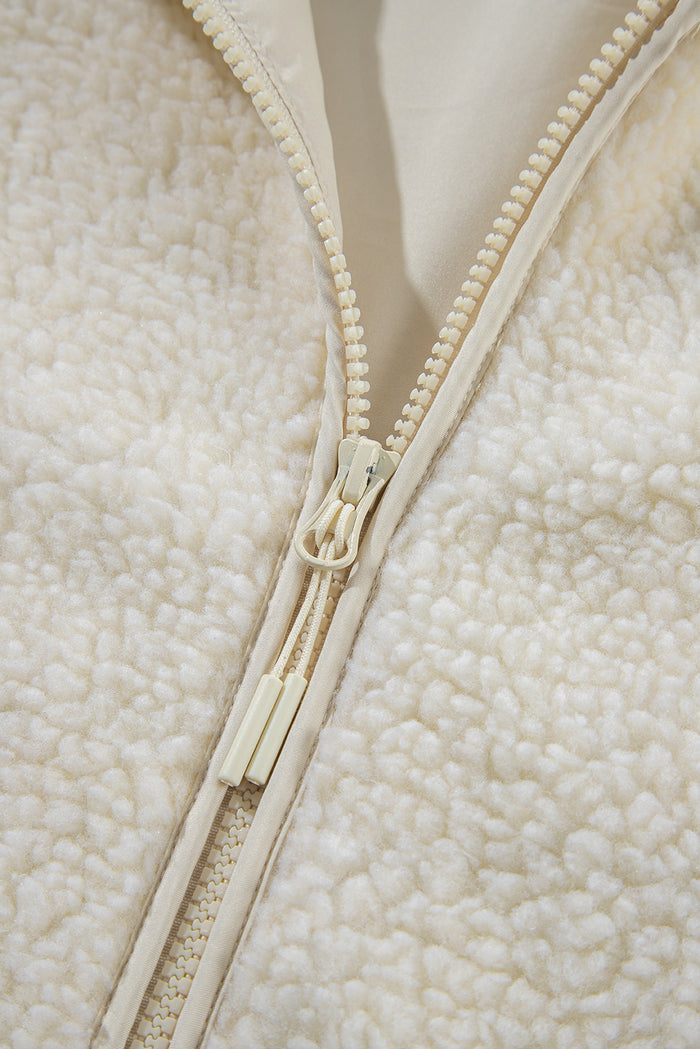 Beige Fleece Zip-up Drawstring Hooded Pocketed Jacket
