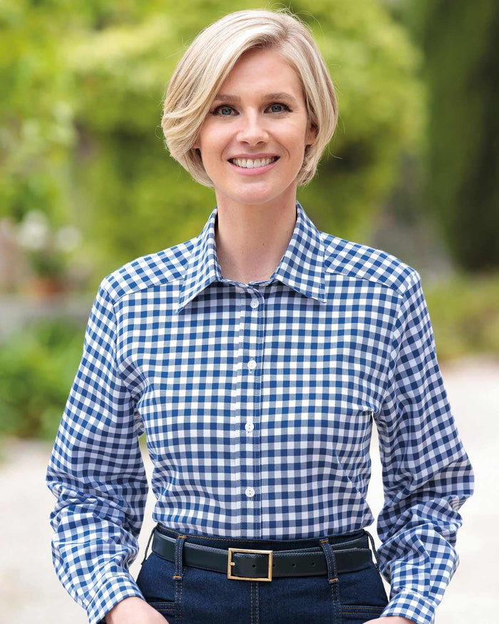 Belinda Checked Pure Cotton Blouse - Navy - Country Collection