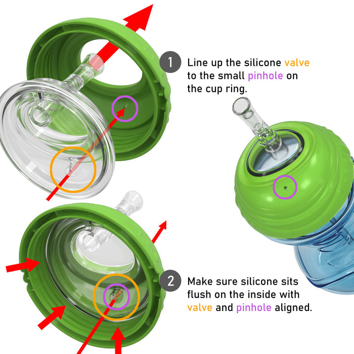 Two steps show how to assemble a green and clear Clik-It Flex Straw Leakproof Sippy Cup by Nuby: align the valve with the ring pinhole, then ensure everything is flush. Red arrows and circles highlight details for this no-spill sippy cup.
