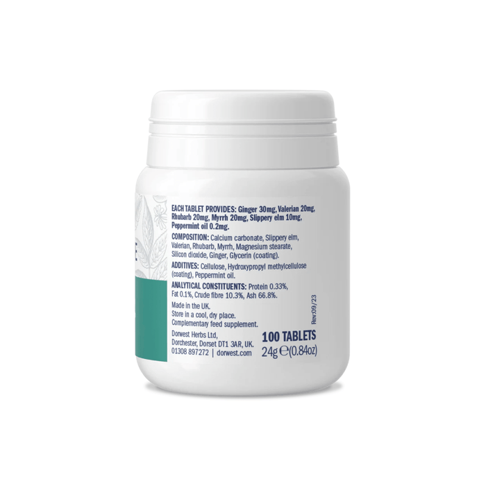 White background with a back view of a white tub of Dorwest Digestive tablets.