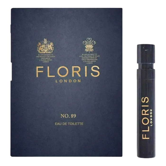 Floris London No. 89 Eau de Toilette duftprøve i mørkeblå papirpakke med gullskrift og svart prøveflaske