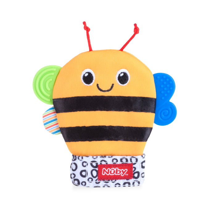 The Nuby Happy Handimals Teething Mitten is a colorful silicone teether shaped like a smiling bee, featuring orange and black stripes, blue and green textured wings, red antennae, and a patterned base for soothing comfort.