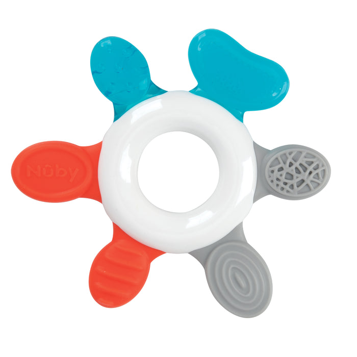 The Little Hands Soothing Teether Set (3 Pack) features circular teethers with five textured arms in blue, grey, and red. Each arm has a unique texture for baby teething relief and sensory exploration.