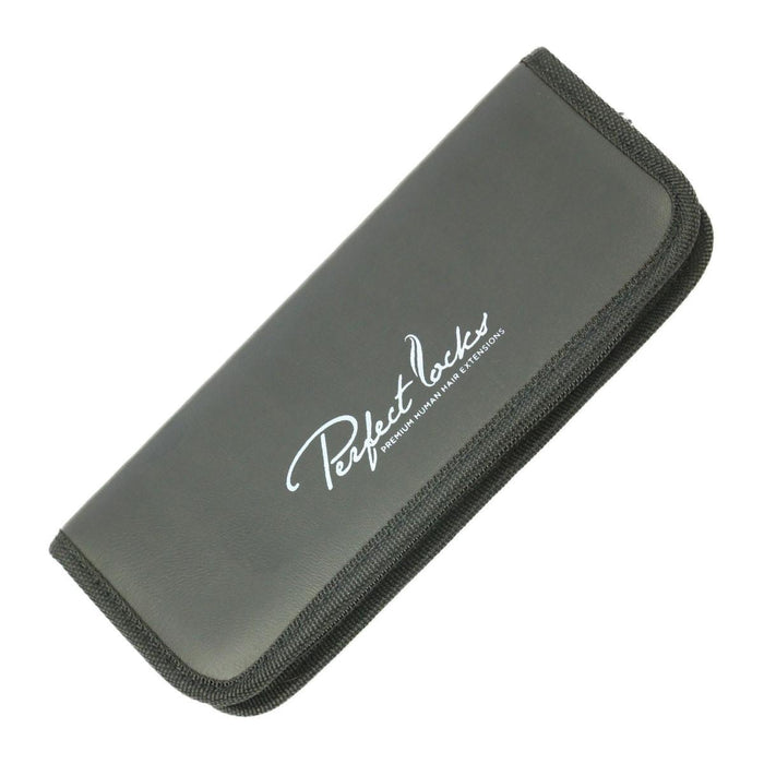 A black zippered case with the white Perfect Locks logo, rounded edges, and a fabric border for storing Ridged Hair Extension Pliers.