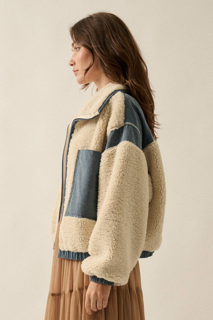 Sherpa Fleece and Denim Zip-Up Pocket Jacket