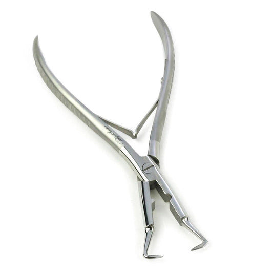 The Perfect Locks 3-in-1 Hair Extension Tool features stainless steel, curved handles, and angled hook-like tips for hair extensions.