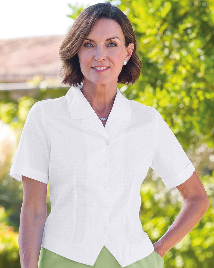 Angela White Cotton Rich Seersucker Blouse - White - Country Collection