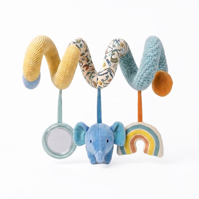 The Animal Adventures Spiral Activity Toy | Elephant features soft yellow, blue, and patterned fabric with hanging plush charms—a round mirror, blue elephant, and rainbow—to engage and stimulate your baby's senses.