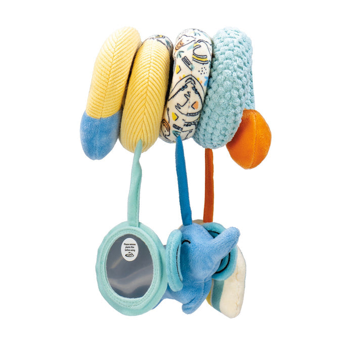 The Animal Adventures Spiral Activity Toy | Elephant features soft spiral fabric rings in blue, yellow, and orange with playful patterns, plus plush sensory toys—mirror, elephant, and orange ball—for developmental fun.