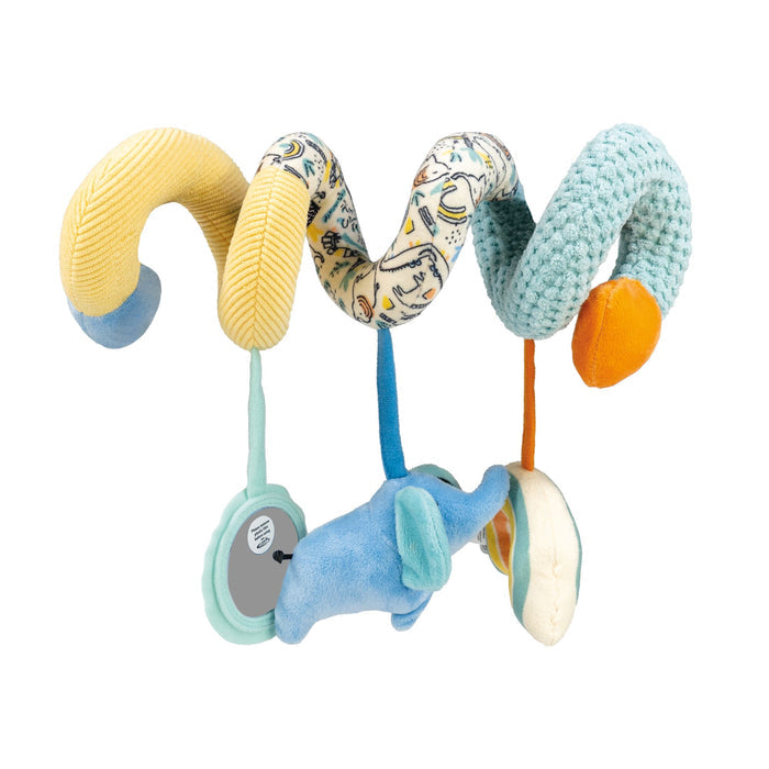 The Animal Adventures Spiral Activity Toy | Elephant features yellow, blue, and patterned plush sections with sensory toys—a blue elephant, a round mirror, and a soft rattle—to support your baby's development.
