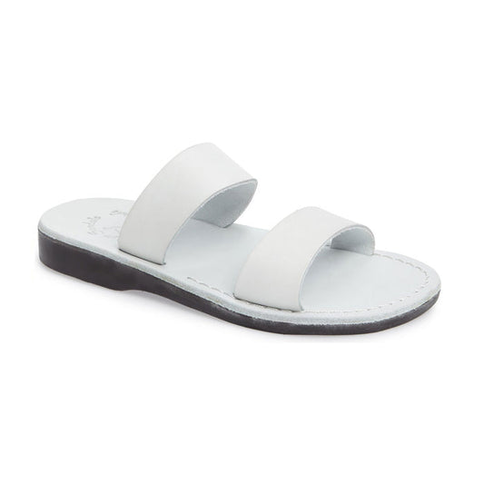 Aviv White, handmade leather slide sandals - Front View