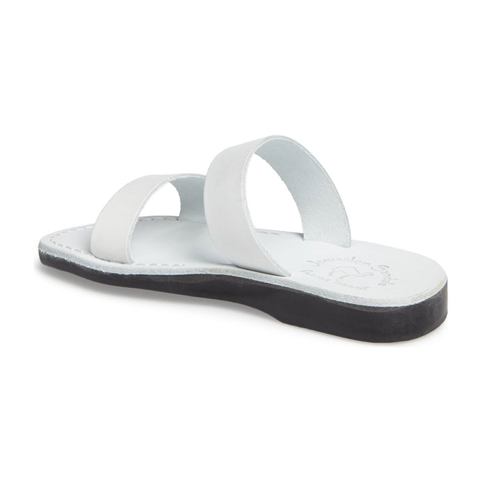Aviv White, handmade leather slide sandals - back View