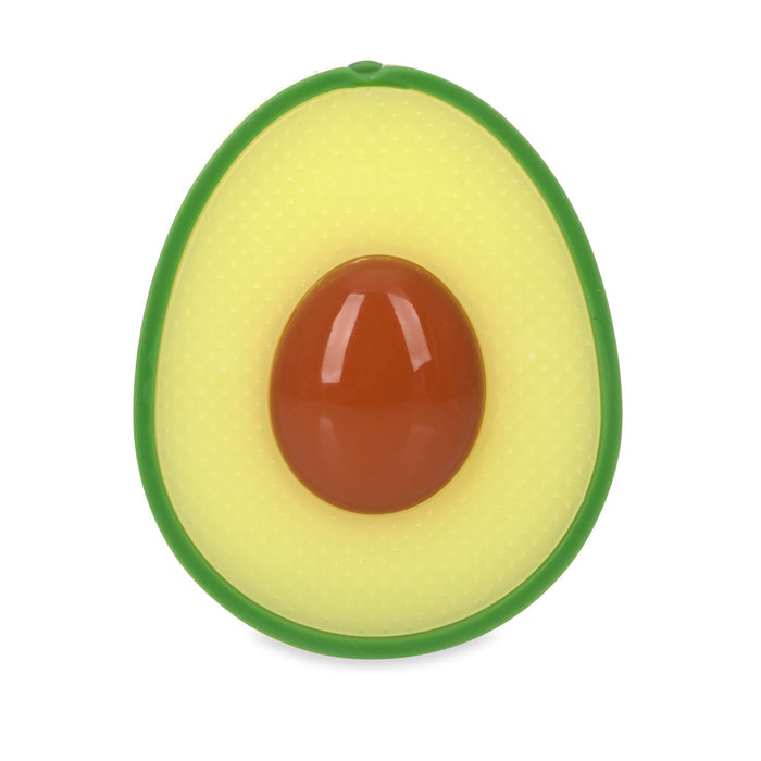 The Avocado Silicone Teether is shaped like half an avocado, with a green outer edge, light yellow center, and a large brown pit in the middle.