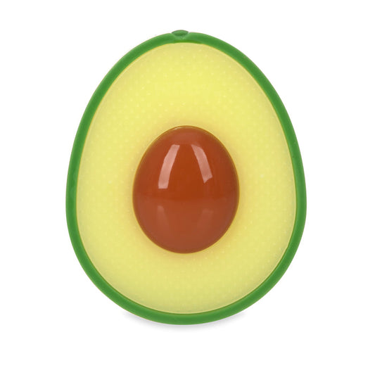 The Avocado Silicone Teether is shaped like half an avocado, with a green outer edge, light yellow center, and a large brown pit in the middle.