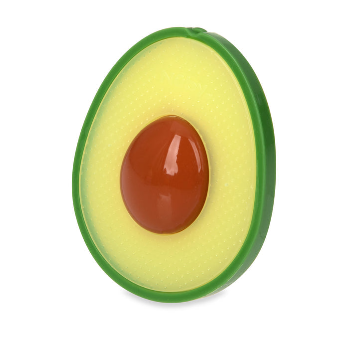 The Avocado Silicone Teether features a green outer edge, light yellow interior, and a large brown pit in the center, designed to resemble a toy avocado half.