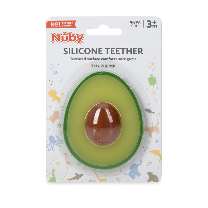 The Avocado Silicone Teether is BPA-free, easy to hold, and designed for babies 3+ months. Its textured surface gently soothes sore gums.