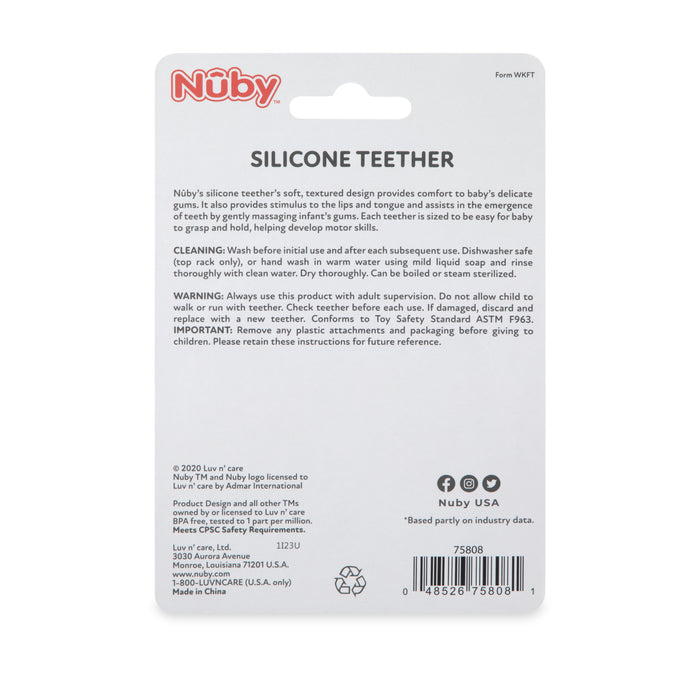 Back of Avocado Silicone Teether packaging shows product description, cleaning instructions, warnings, contact info, barcode, and a small Nuby USA logo. Text is black and red on white background.