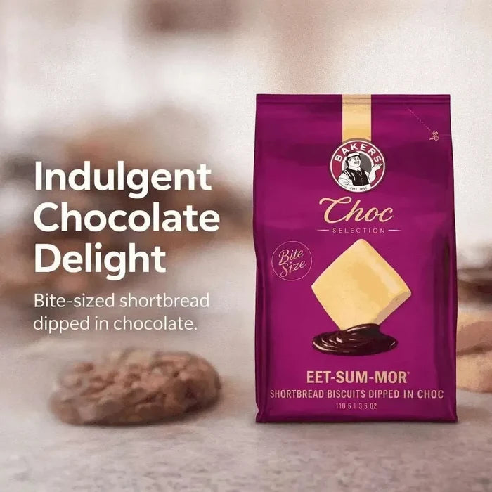 Bakers Eet-Sum-Mor chocolate dipped shortbread biscuits 110g pack with buttery and chocolate coating