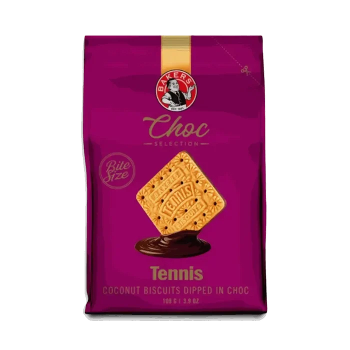 Bakers Tennis Choc Selection bite-size coconut biscuits coated in chocolate, 109g pack