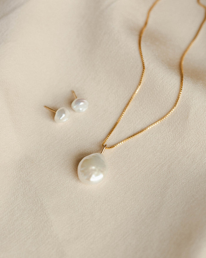 GLDN baroque pearl stud earrings and necklace.