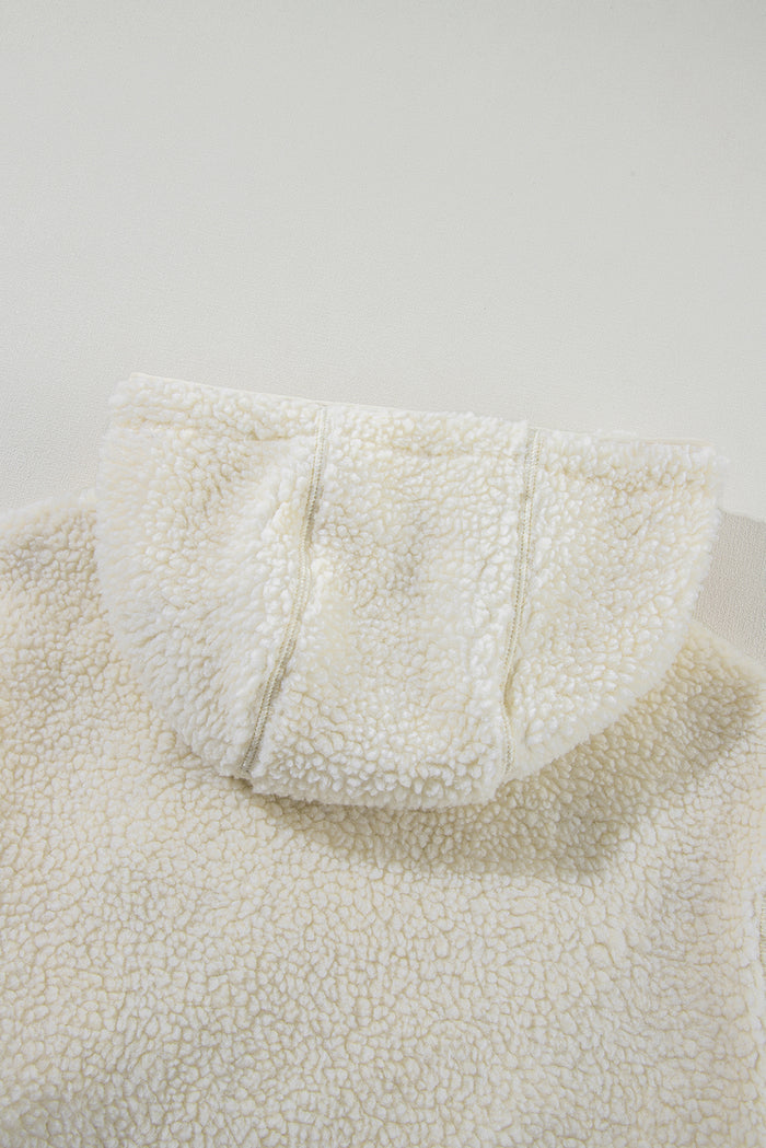 Beige Fleece Zip-up Drawstring Hooded Pocketed Jacket
