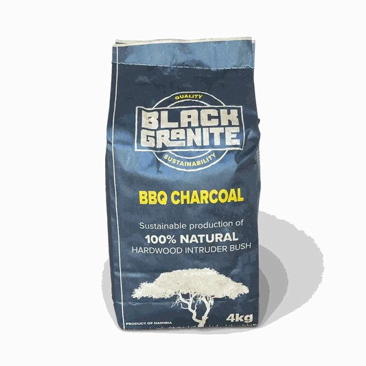 4kg bag of Black Granite Charcoal made from 100% natural hardwood, ideal for South African braais with long-lasting, low-smoke heat