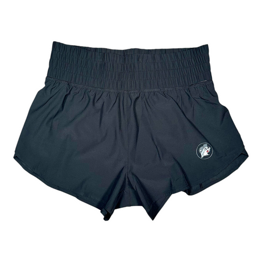 Buc-ee's black performance shorts with logo on lower left side
