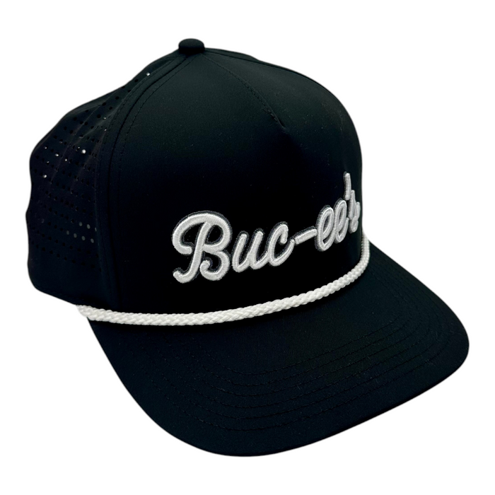 Buc-ee's black snapback hat with white cursive lettering and rope brim