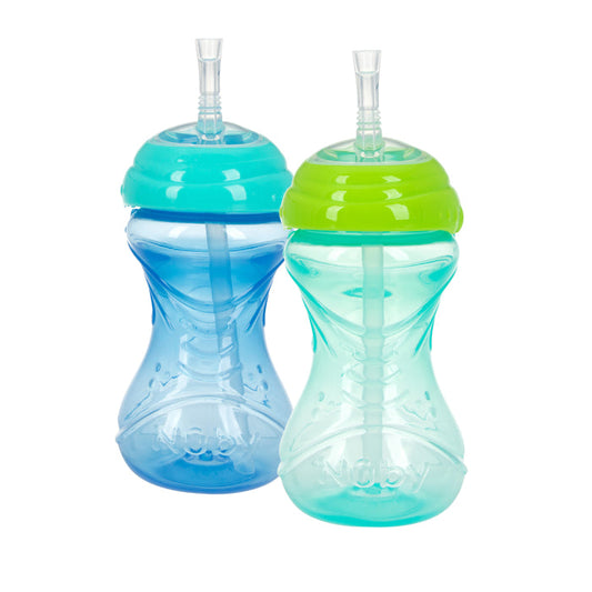 The Nuby Clik-It Flex Straw Leakproof Sippy Cup (2 Pack) includes blue and light green plastic cups with curved, easy-grip shapes, soft silicone straws for comfortable sipping, and the Nuby name embossed on each.