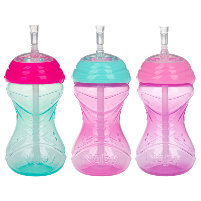 The Nuby Clik-It Flex Straw Leakproof Sippy Cup 3 Pack features ergonomic, reusable toddler cups with soft silicone spouts and built-in straws: turquoise with pink lid, turquoise with turquoise lid, and pink with pink lid.