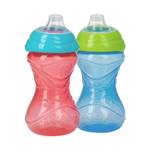 The Nuby Clik-It Soft Spout Easy Grip Sippy Cup (2 Pack) features contoured sides, soft silicone spouts, and colorful lids—a no-spill solution for kids.