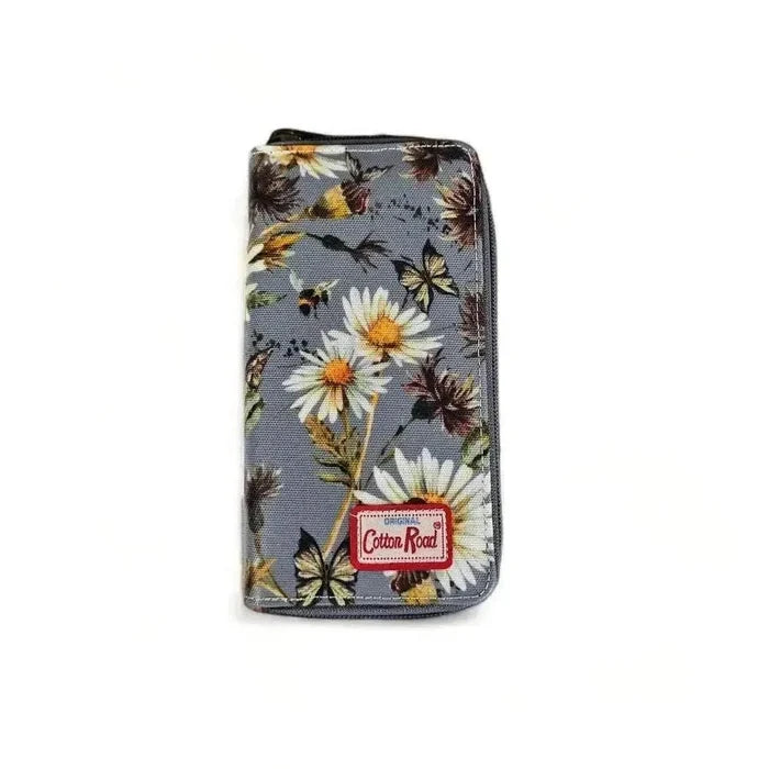 Cotton Road Large Wallet grey PVC with daisies double zip compartments and coin purse