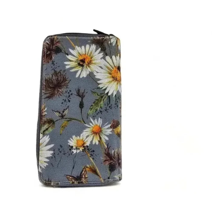 Cotton Road Large Wallet grey PVC with daisies, double zip compartments and coin purse