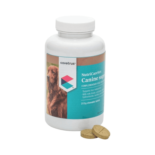 Bottle of NutriCareVet Canine supplement with a dog on the label