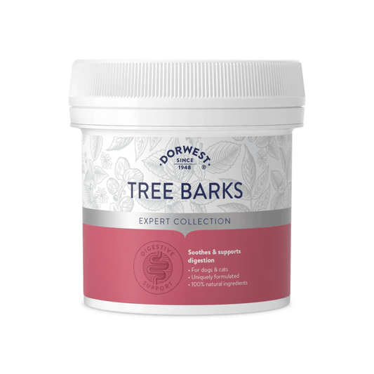 White background with a white and red tub of Dorwest Tree Barks. On the pack is a red banner with white text 'Soothes & supports digestion, for dogs & cats, Uniquely formulated, 100% natural ingredients'.