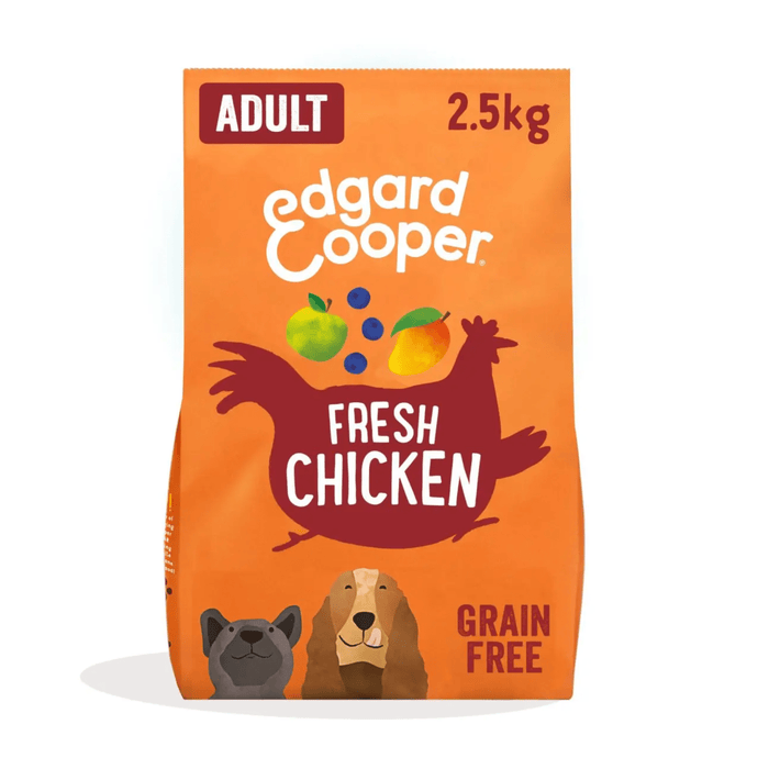 White background with an orange bag of Edgard & Cooper Adult Dog Dry Food Chicken pictured. On the packet is an illustrated French Bulldog and Cocker Spaniel. Text on the pack reads, 'Edgard & Cooper.' A silhouette of a chicken has text inside 'Fresh Chicken' and 'Grain Free' below.