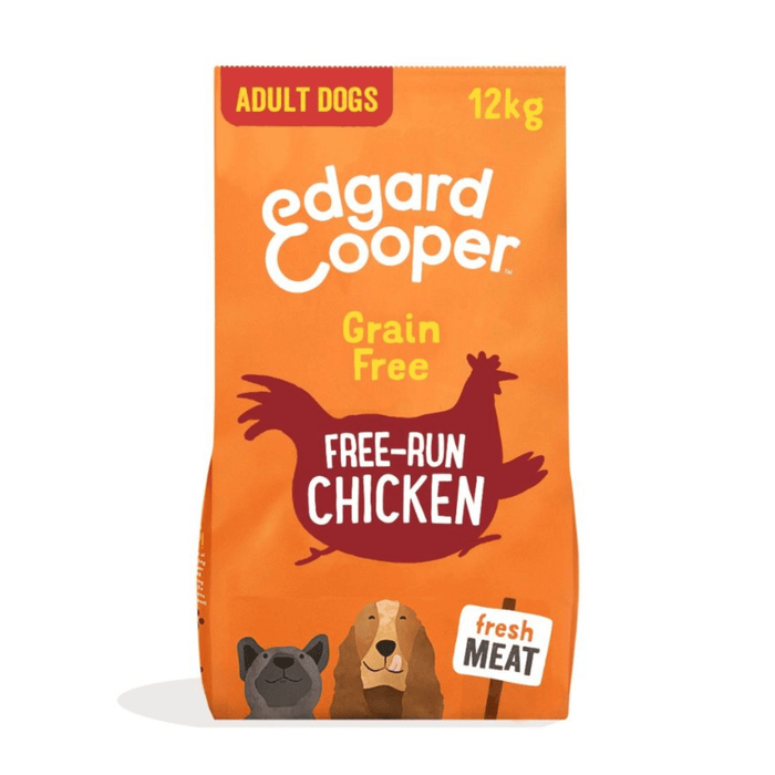 White background with an orange bag of Edgard & Cooper Adult Dog Dry Food Chicken pictured. On the packet is an illustrated French Bulldog and Cocker Spaniel. Text on the pack reads, 'Edgard & Cooper.' A silhouette of a duck has text inside 'Fresh Chicken' and 'Grain Free' above.