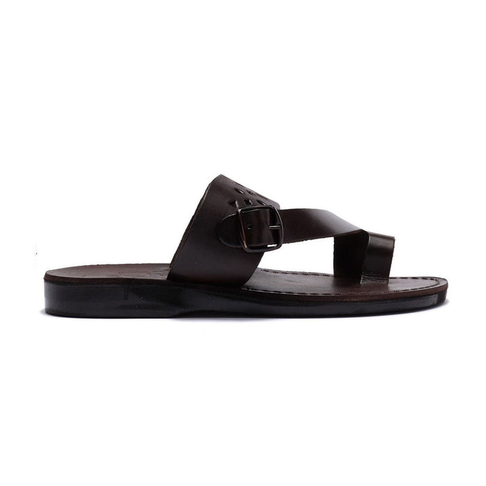 Ezra Brown, handmade leather slide sandals with toe loop - Side View
