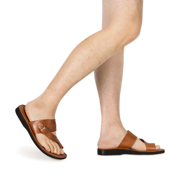 Model wearing Ezra Honey, handmade leather slide sandals with toe loop - Side View