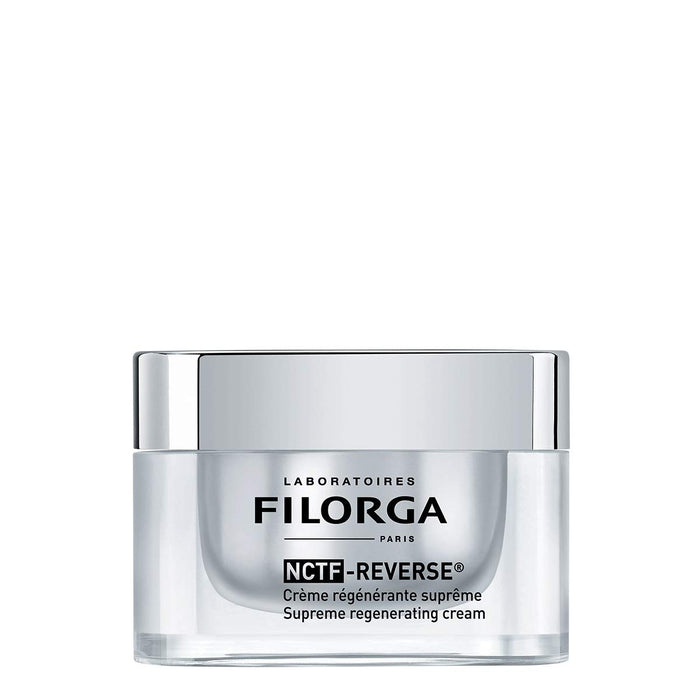 Filorga NCTF Reverse Cream 50ml jar with white and gold packaging, smooth cream visible in an open jar for anti-aging skincare.