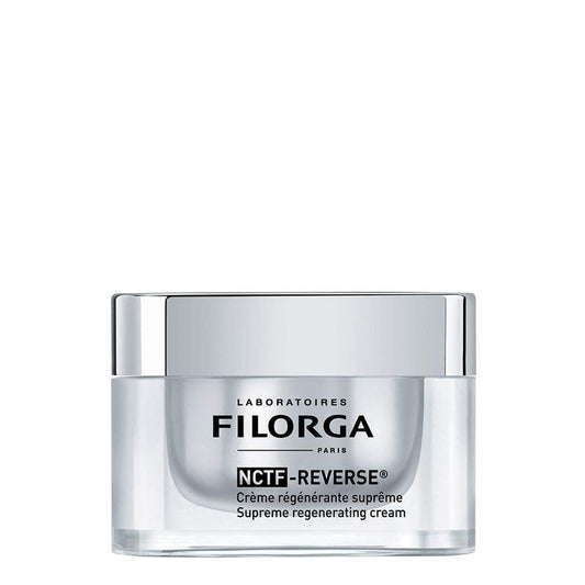 Filorga NCTF Reverse Cream 50ml jar with white and gold packaging, smooth cream visible in an open jar for anti-aging skincare.