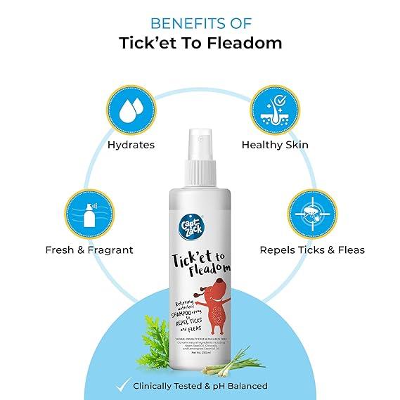 Flea Free Dog Grooming Combo of 3 - Tick'et to Fleadom 250 + Excuse Me Fleas 250 + Wipe Right Antibacterial Wipes 80 wipes - Captain Zack