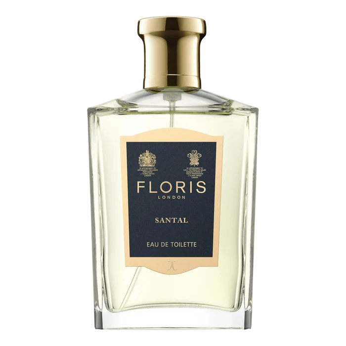 Floris London Santal parfyme 100 ml kvadratisk flaske med våpenmerker og gyllen tekst
