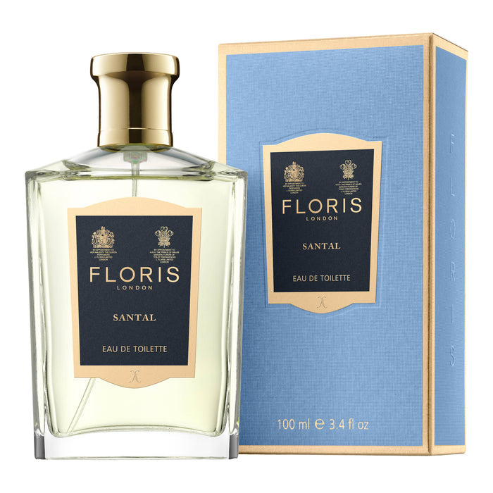 Floris London Santal Eau de Toilette 100 ml i glassflaske med gyllen kork og blå eske