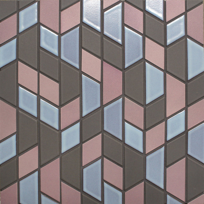 Caption: Classic Field Half Hex and Little Diamond in G40 Frost, M102 Wildflower, M52 Shade. Pewter grout by Custom Building Products.