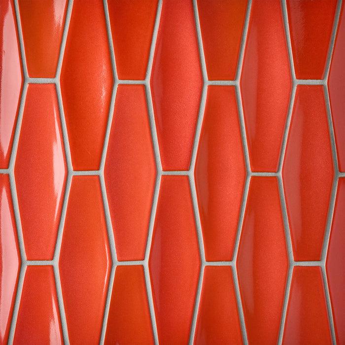 Caption: Dimensional Diamond in G54 Heath Orange. Prism Natural Grey grout by Custom Building Products.