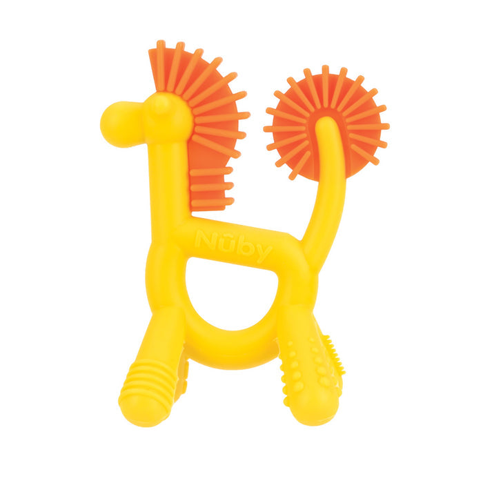 The Nuby Geo Zoo Silicone Teether is a lion-shaped baby teether in yellow and orange with textured mane, tail, legs, and paws, designed for babies to chew on.