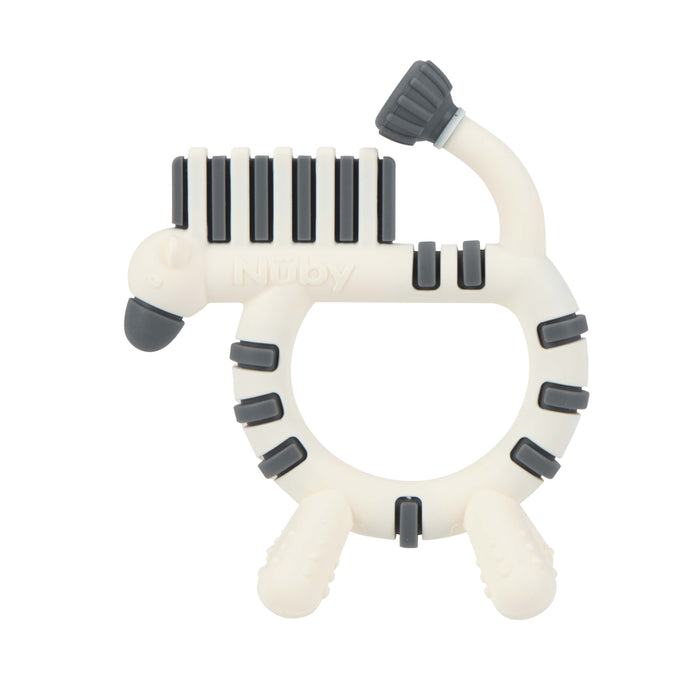 The Nuby Geo Zoo Silicone Teether in white and gray zebra design features a circular handle, textured surfaces, and raised bristles for soothing gums, with the Nuby brand embossed on the body for extra charm.