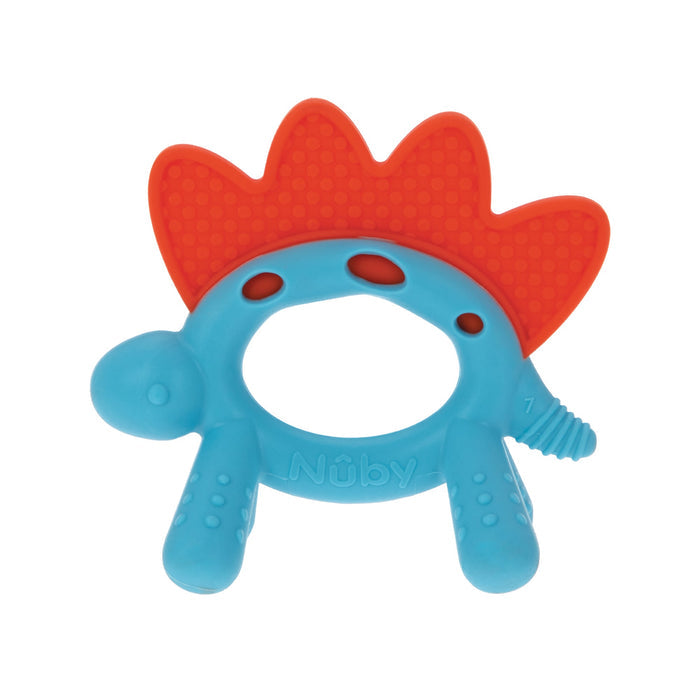 The Nuby Geo Zoo Silicone Teether is a blue and red dinosaur-shaped baby teether with textured surfaces and a handle.