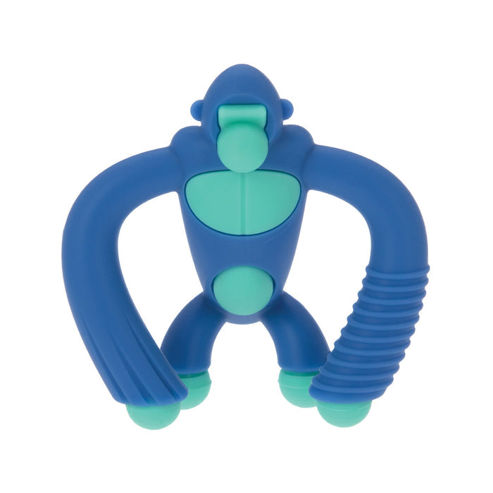 The Nuby Geo Zoo Silicone Teether is a blue and teal monkey-shaped baby teether with curved arms, ribbed detailing on one arm, and rounded feet—thoughtfully designed for fun and soothing teething relief.